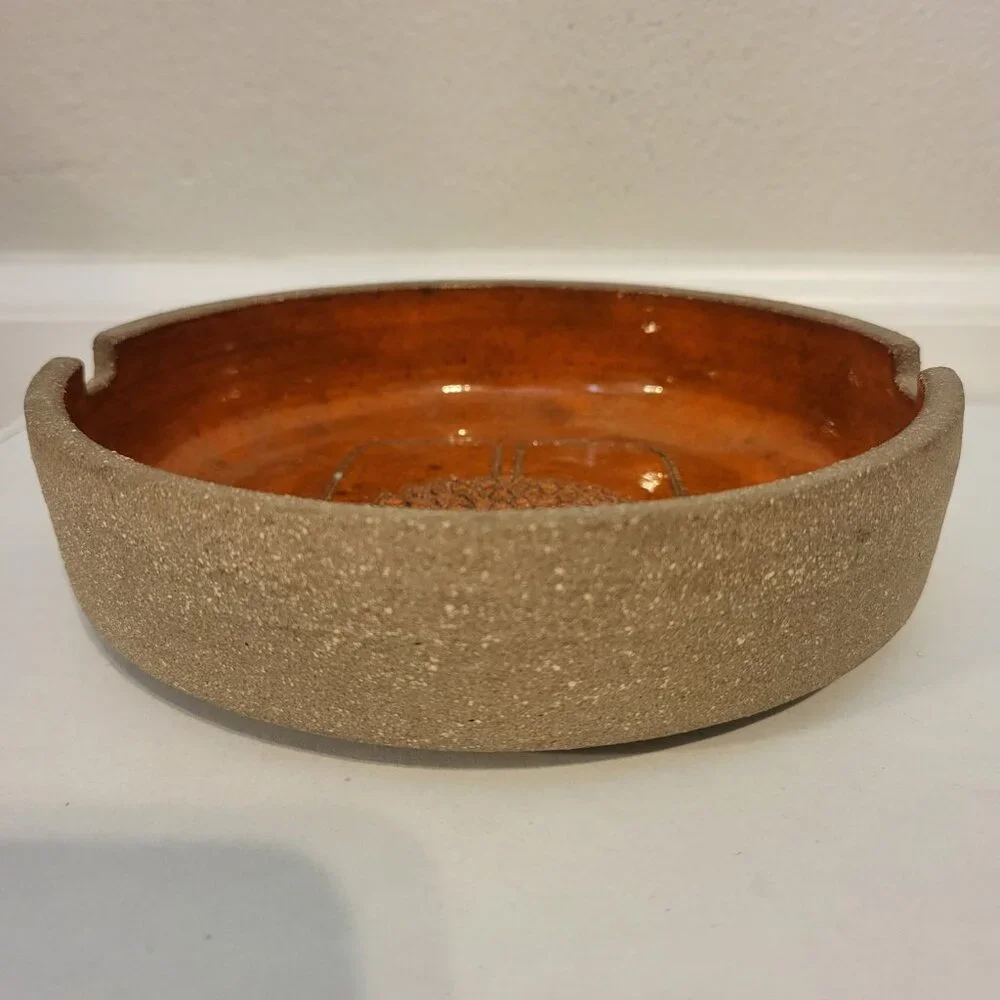 Vintage MCM Stoneware Orange Ceramic Round Ashtray Art Pottery Tree Design 6.5